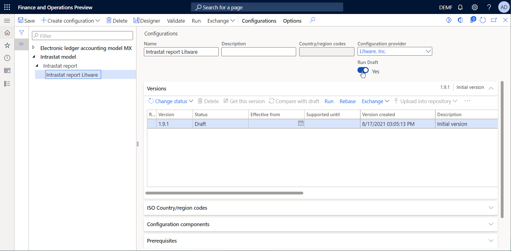 Screenshot of the Run Draft option on the Configurations page.