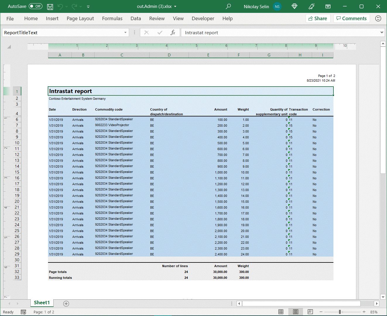 Screenshot of the generated Excel document in desktop application.