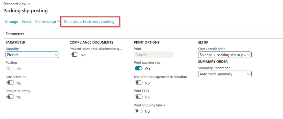 Packing slip or invoice print setup electronic reporting button