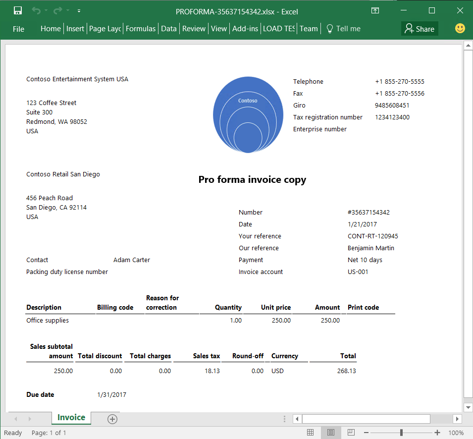 Screenshot of the invoice preview in Excel format.