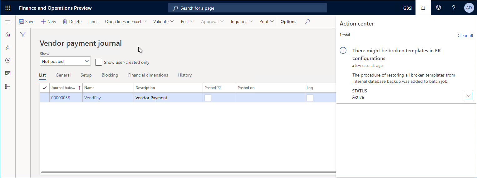 Screenshot of the Vendor payment journal page showing the notification message.