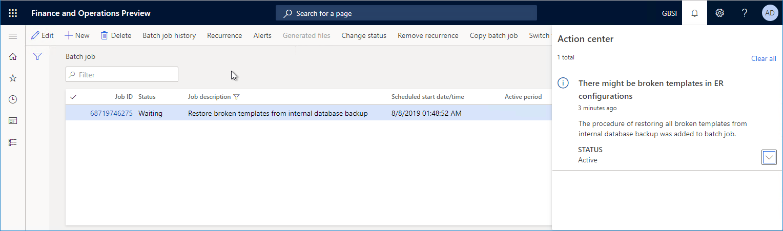 Screenshot of the Batch job page showing the Restore broken templates from internal database backup process.