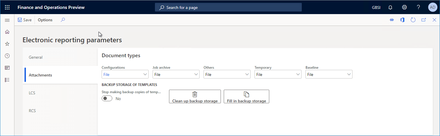 Screenshot of the Electronic reporting parameters page showing backup storage options.