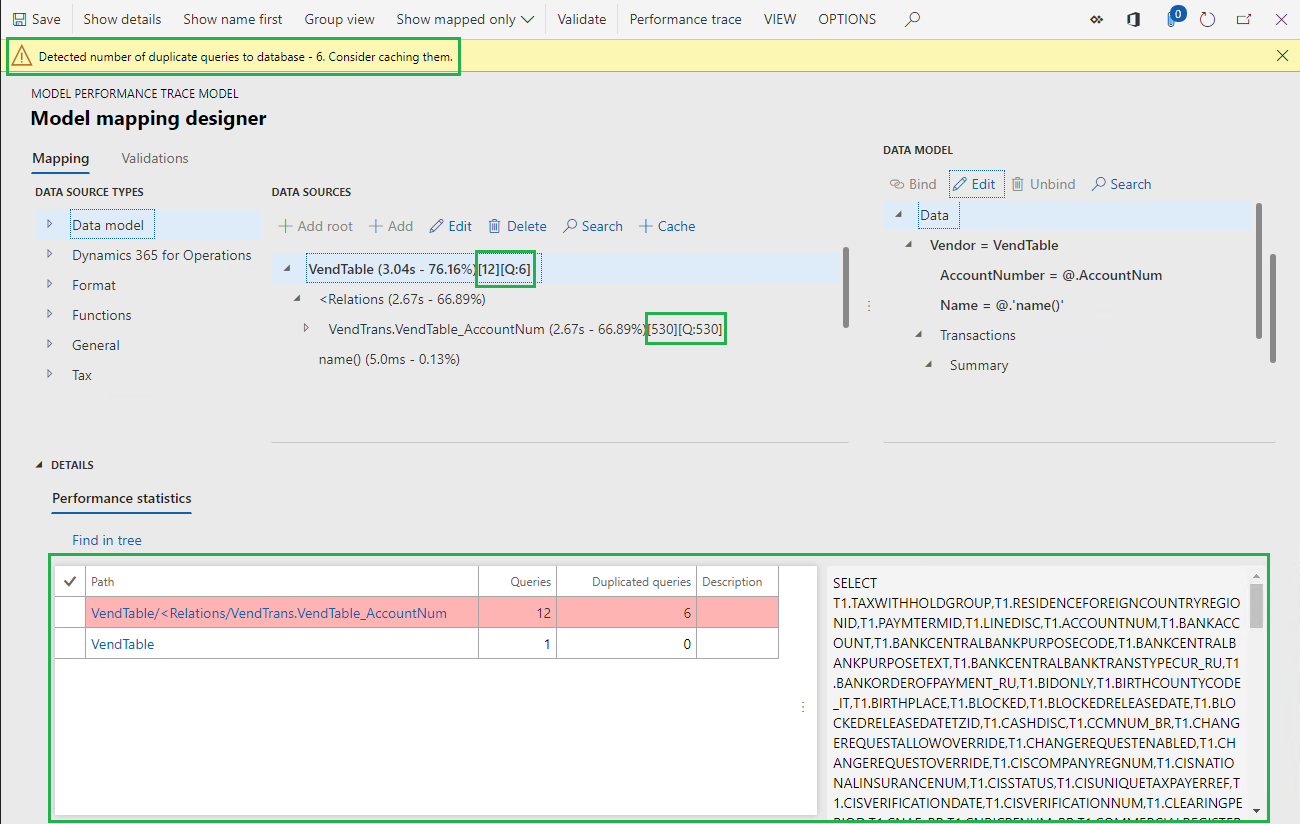 Screenshot of the message about duplicate database requests on the Model mapping designer page in RCS.