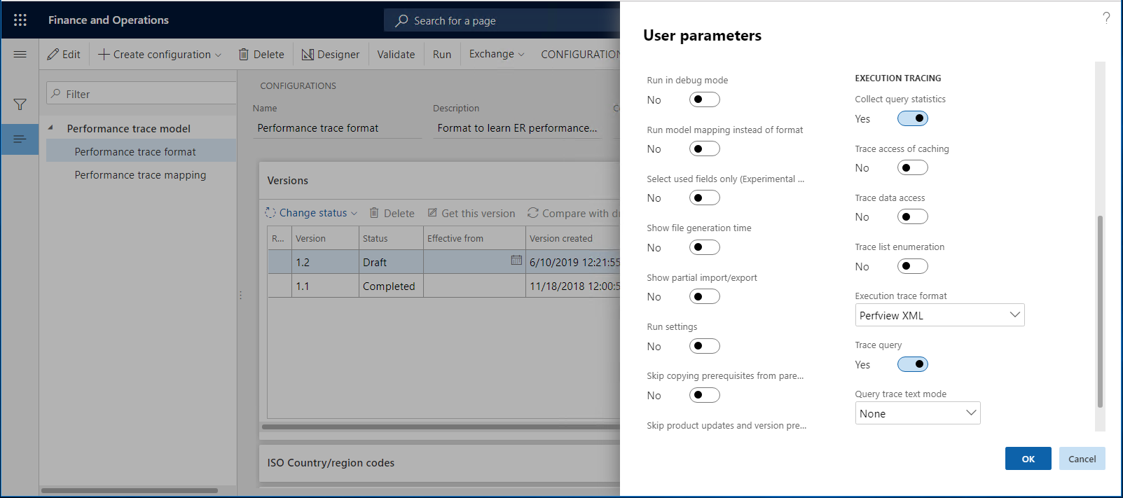 Screenshot of the Execution tracing section, User parameters dialog box.