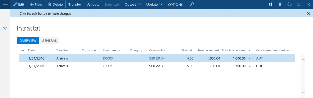 Screenshot of the Intrastat page.