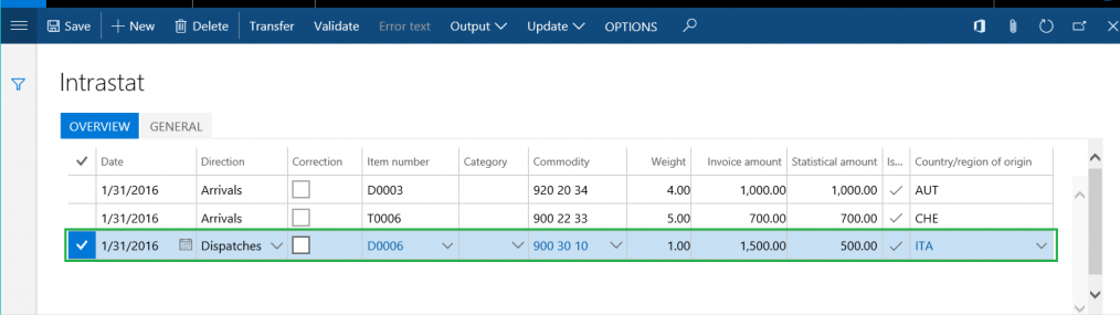Screenshot of the Intrastat transactions list.