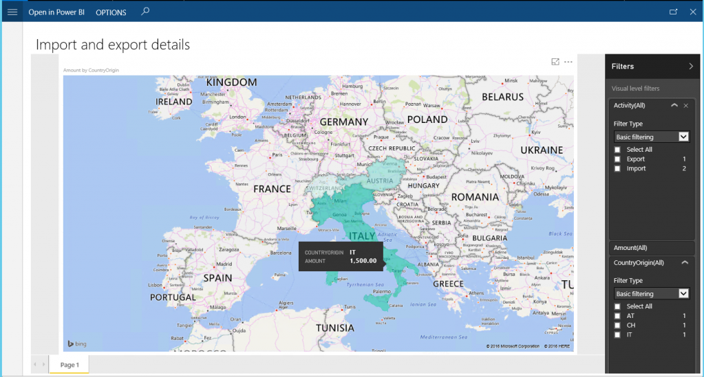 Screenshot of the Import and export details report designed in Power BI.