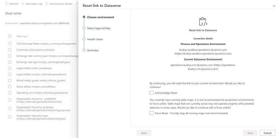 Screenshot of the Choose environment page in the Reset link to Dataverse wizard for scenario 4, Reset Link to Dataverse.