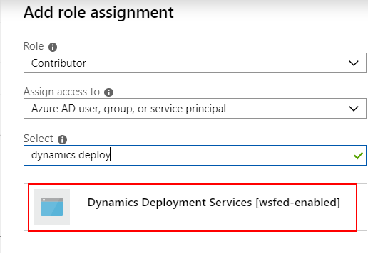 Screenshot of the Add role assignment dialog box with Dynamics Deployment Services wsfed-enabled selected.