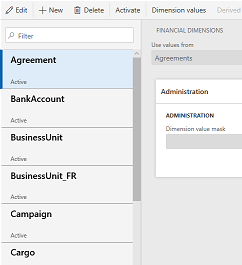 Screenshot of Financial dimensions list.