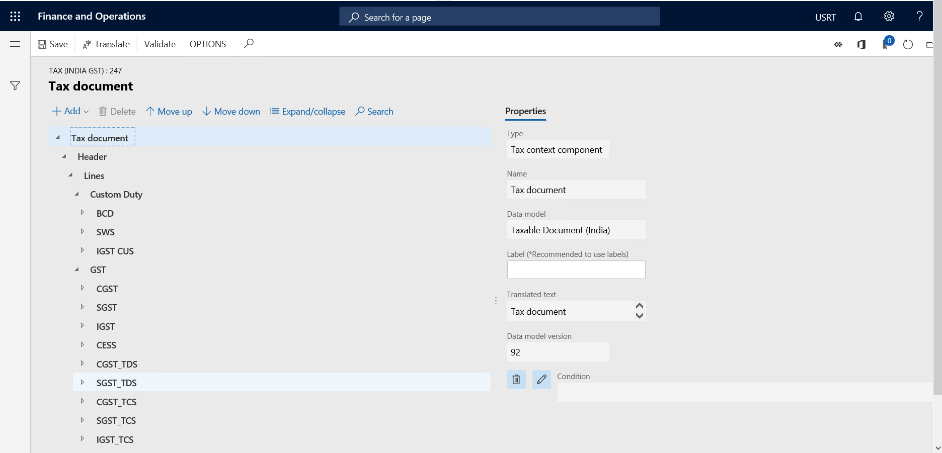 Screenshot of the Tax document page.
