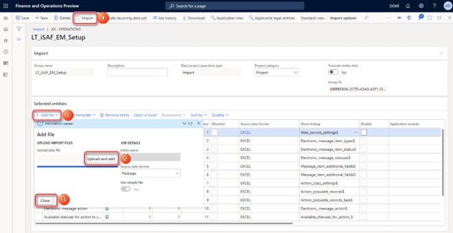 Screenshot of the Data management workspace showing the import of a package of data entities.