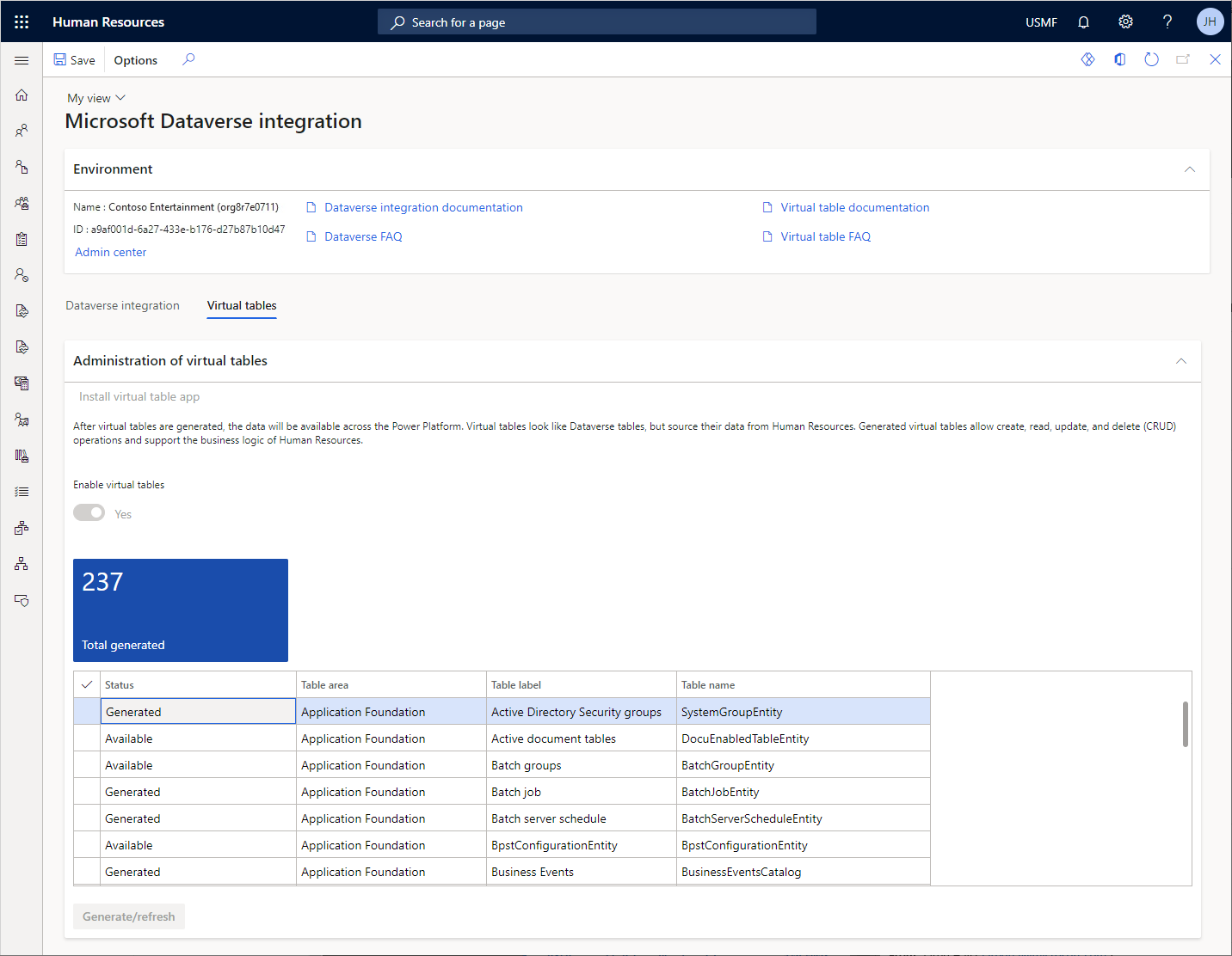 Screenshot of the Dataverse integration page.