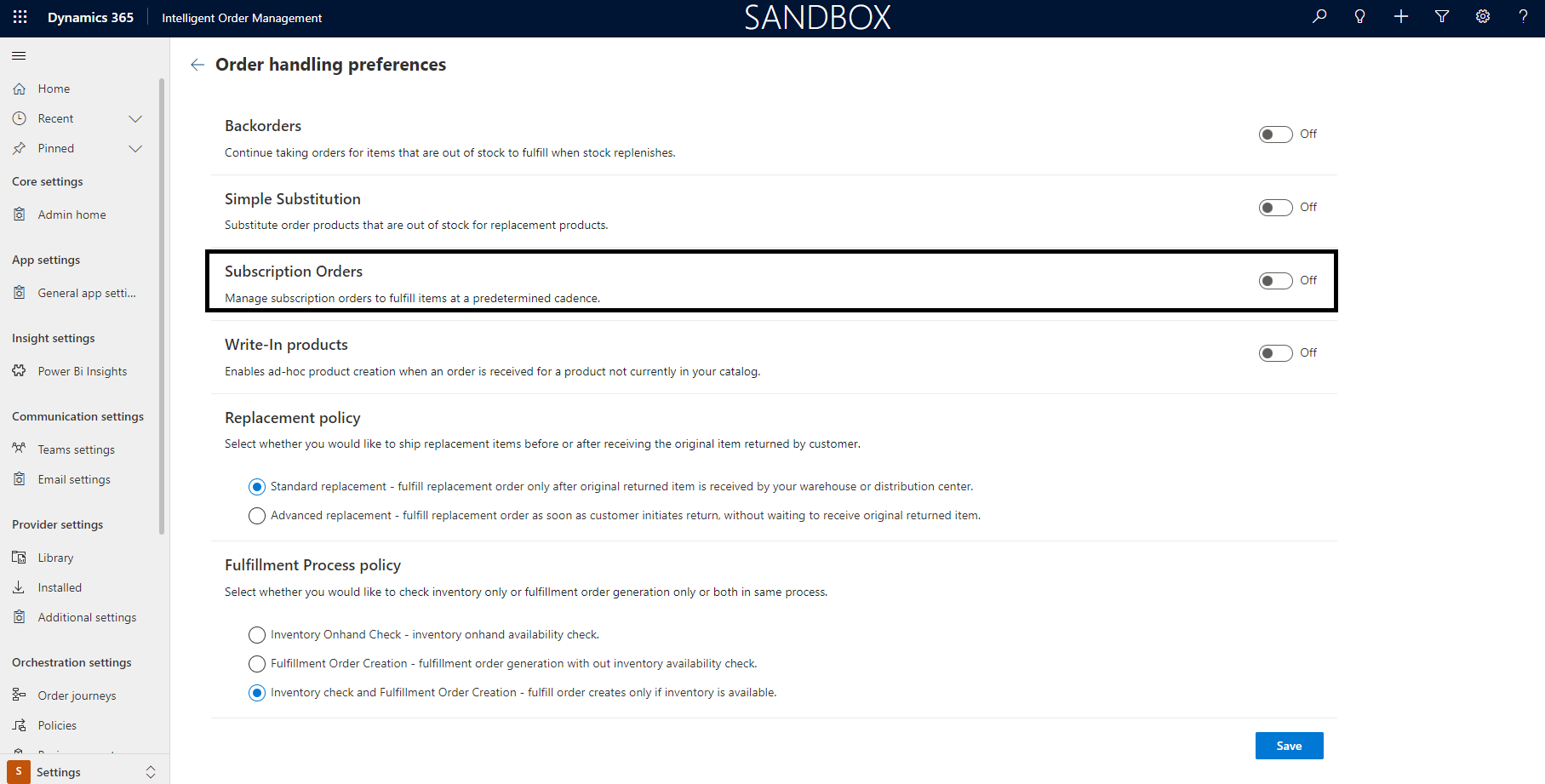 Screenshot of the Subscription Orders option set to On.