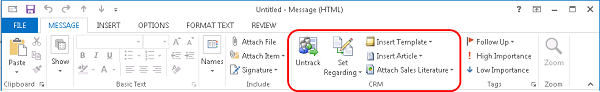 Dynamics 365 apps highlighted on ribbon in Dynamics 365 for Outlook Dynamics 365 apps highlighted on ribbon in Dynamics 365 for Outlook.