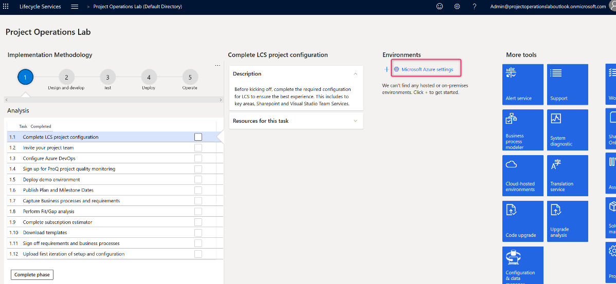 Screenshot of Microsoft Azure Settings.
