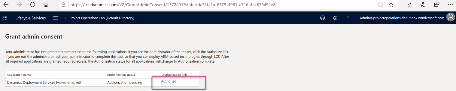 Screenshot of Grant Admin Consent.