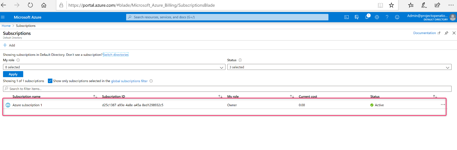 Screenshot of Azure Subscription Details.