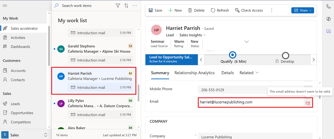 Screenshot showing an invalid email address in the work list item and Up next widget.