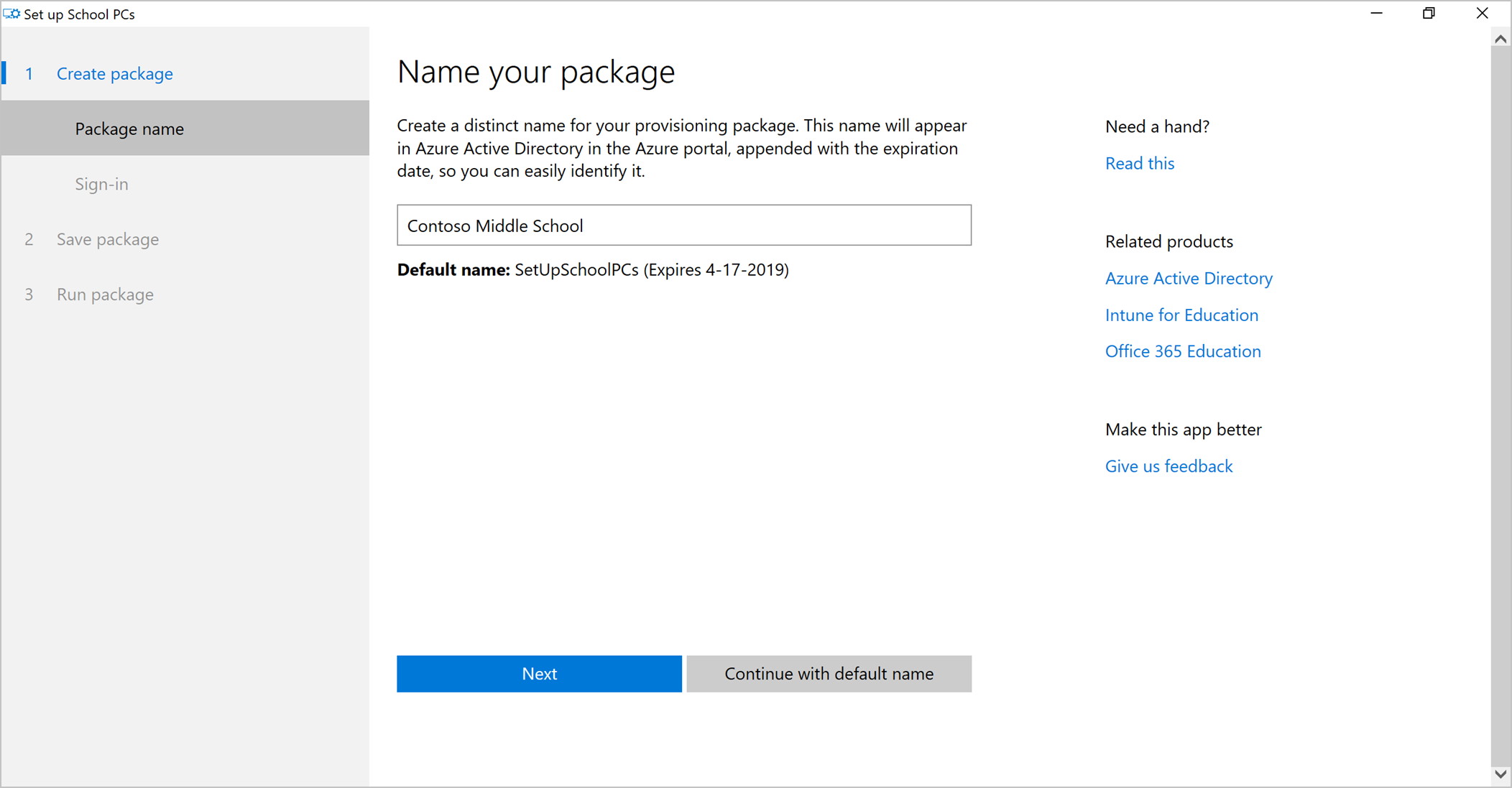 Example screenshot of the Set up School PCs app, Name your package screen.