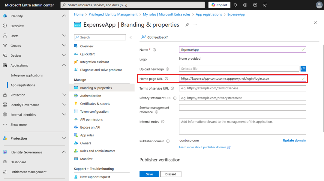 Screenshot of the Branding & properties page for a registered app with the Home Page URL field highlighted.