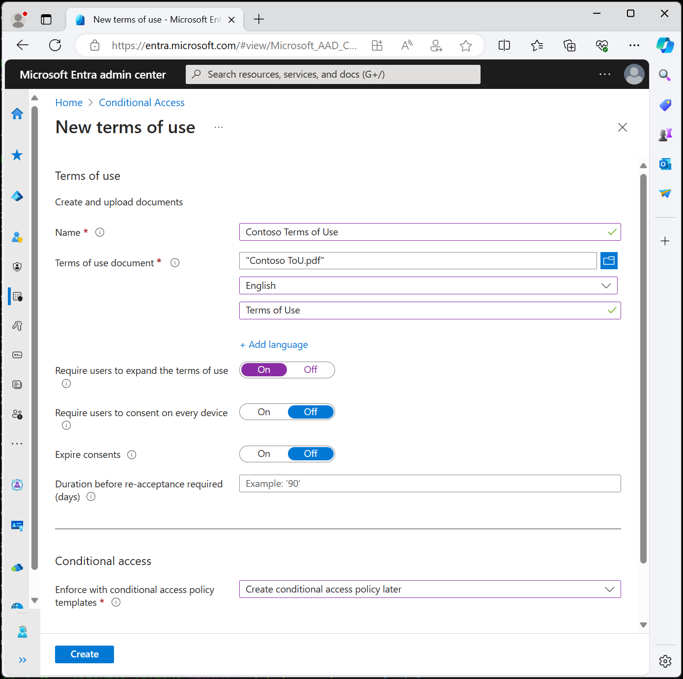 A screenshot showing the new terms of use pane to specify your terms of use settings.