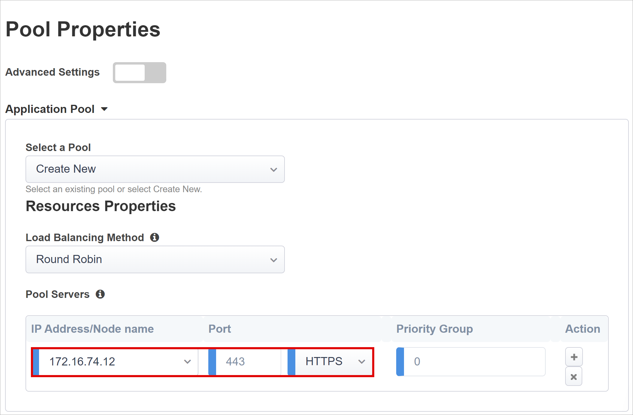 Screenshot of IP Address or Node name, and Port input on Pool Properties.