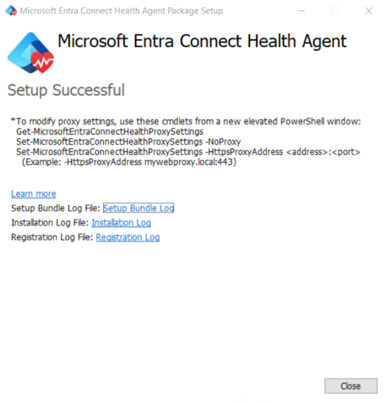 Screenshot that shows the confirmation message for the Microsoft Entra Connect Health AD FS agent installation.