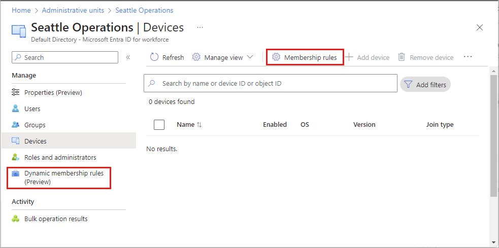 Screenshot of an administrative unit with Membership rules and Dynamic membership rules options to open rule builder.