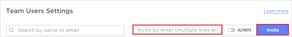 Screenshot shows Team Users Settings where you can invite people by email.