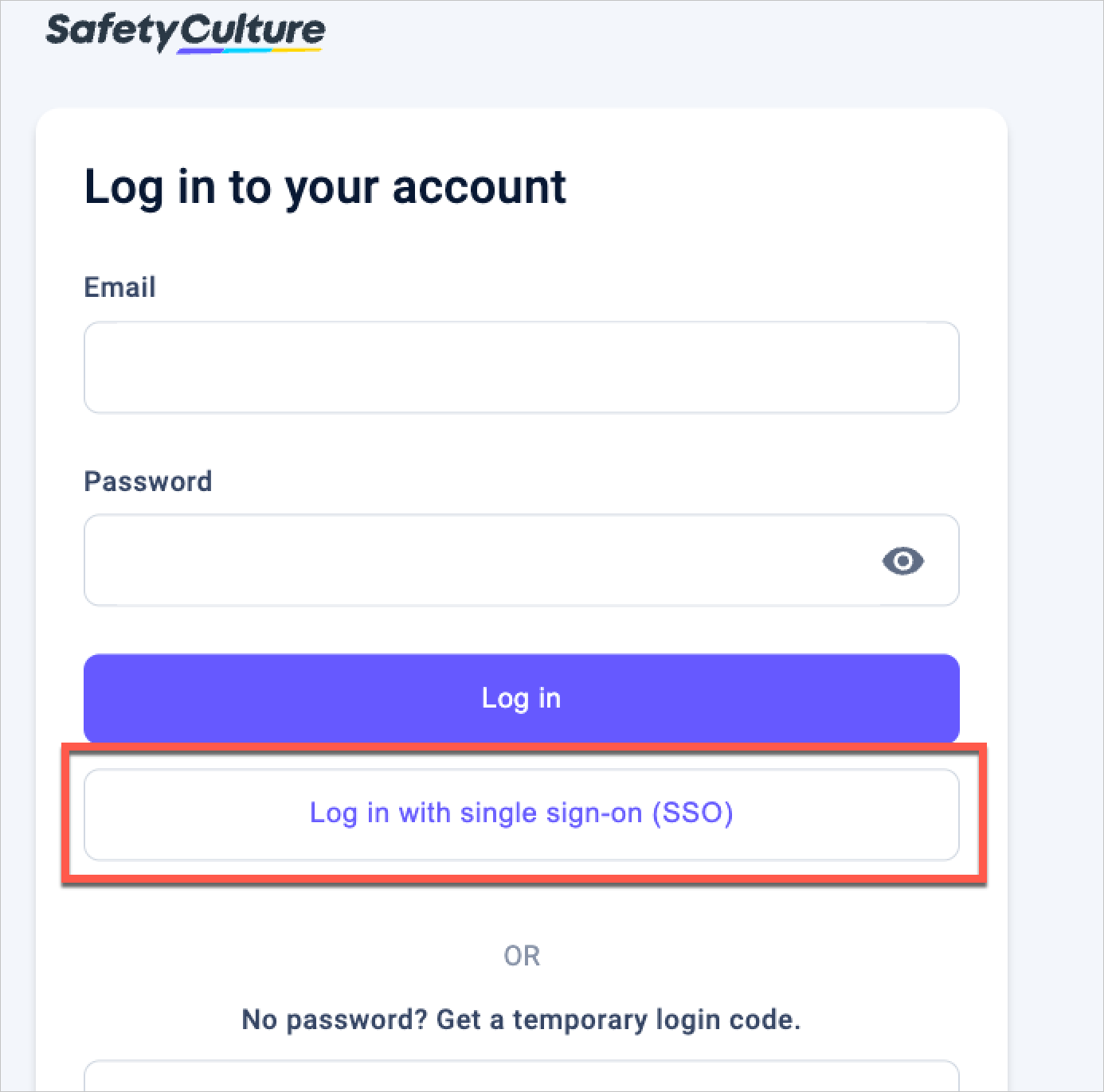 Log in with SSO on SafetyCulture Screenshot shows the log in with SSO option on SafetyCulture.