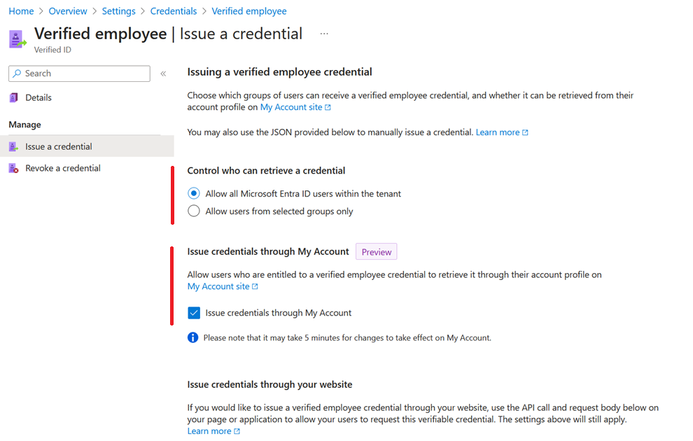 Screenshot that shows controlling issuance via myaccount.