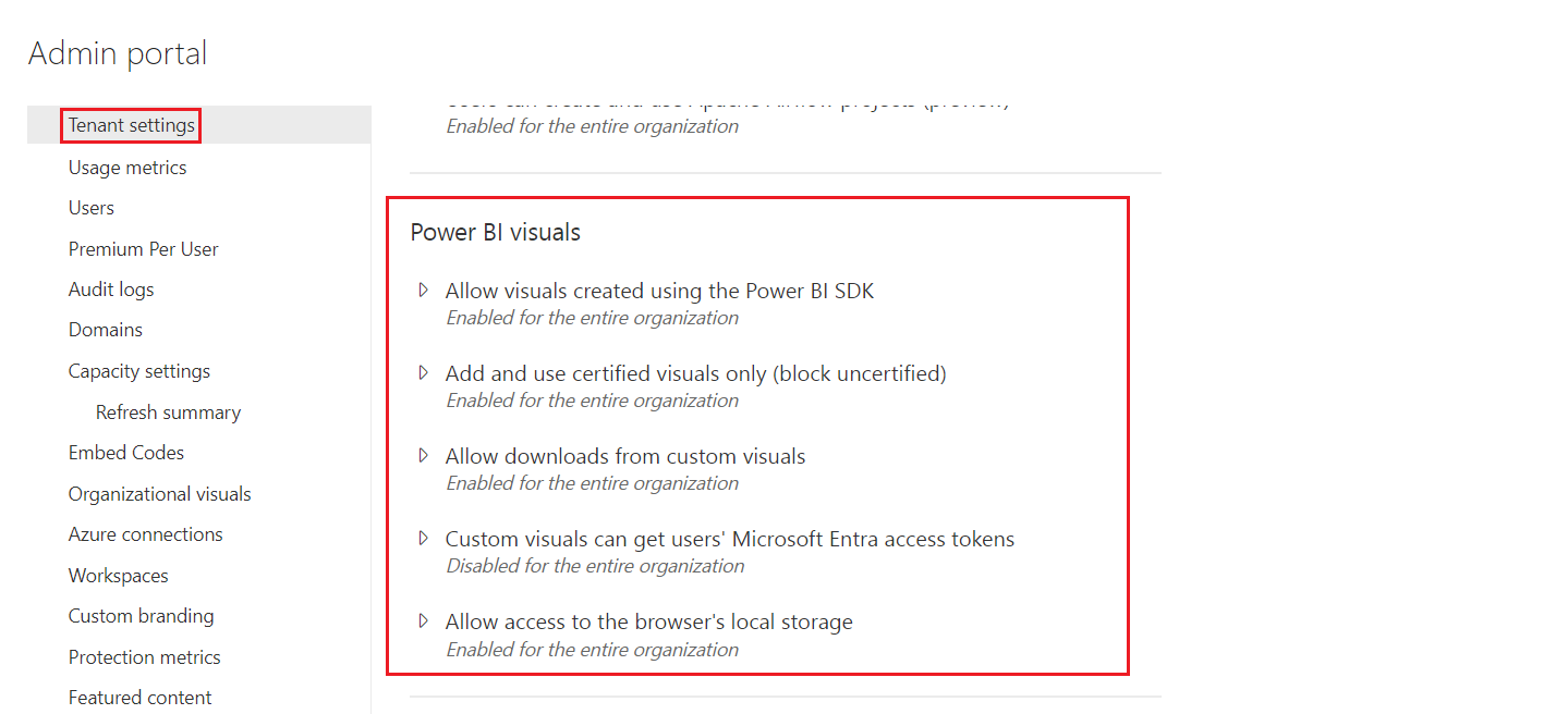 Screenshot of the Power BI visuals tenant settings location.