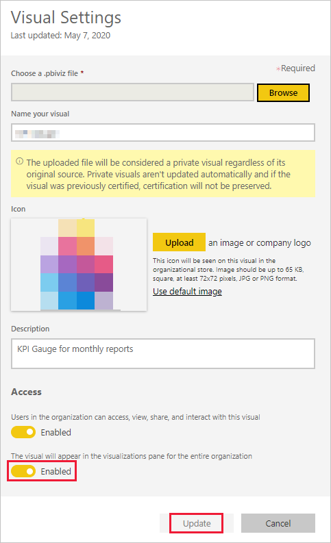 Screenshot showing the Visual Settings dialog box with the second button in the access area titled: the visual will appear in the visualization pane for the entire organization, enabled.