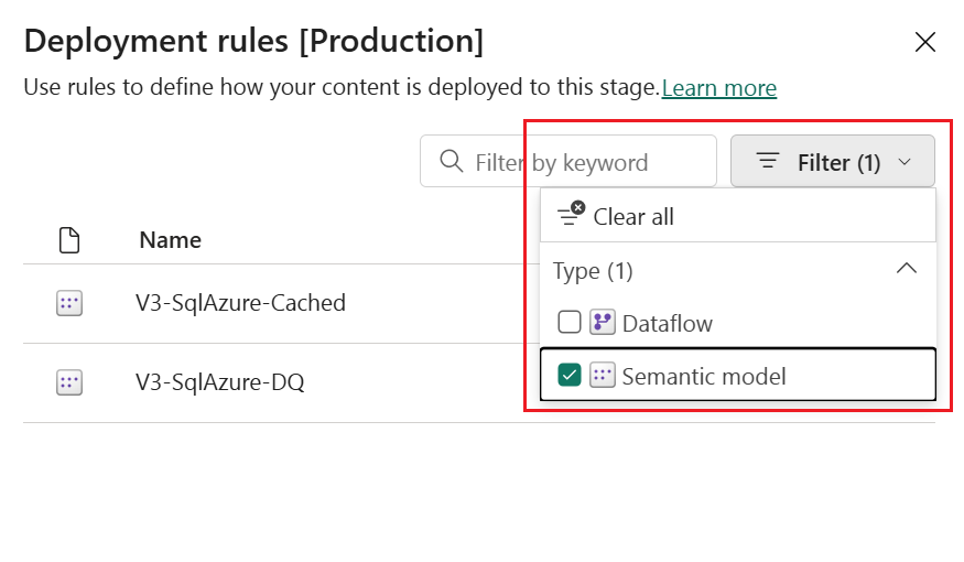 A screenshot of the deployment rules pane in the new UI, showing that you can set rules for dataflows gen1, datasets, and paginated reports.