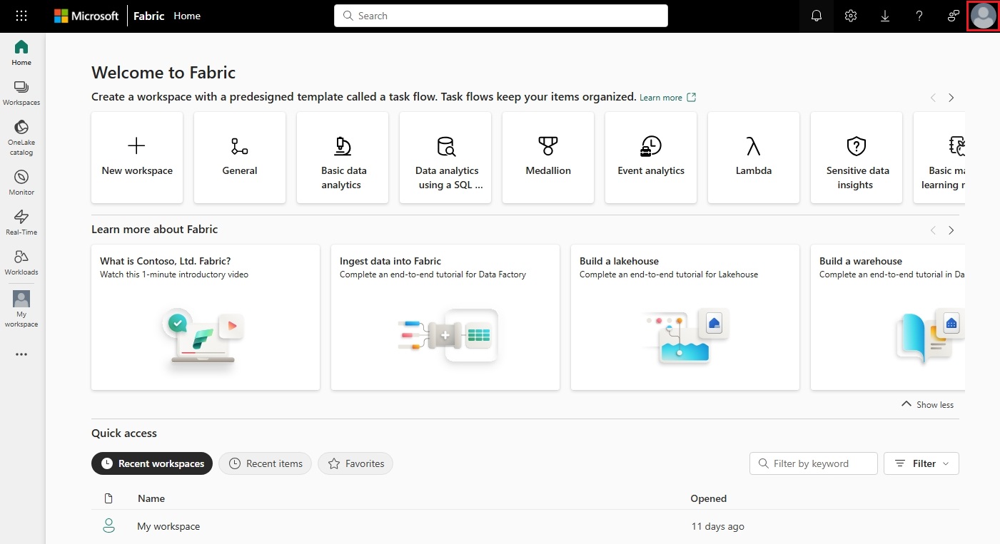 Screenshot of the Microsoft Fabric homepage with the Account manager outlined in red.