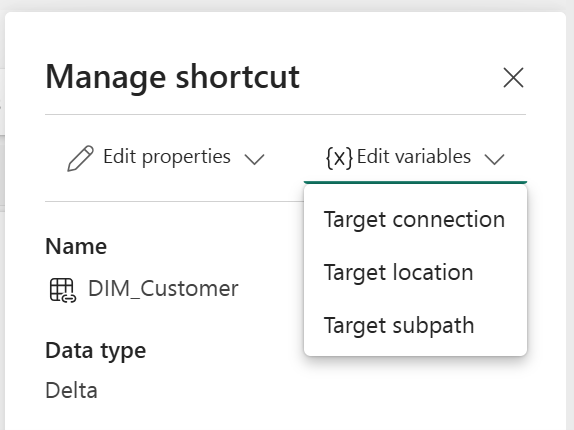 Screenshot showing manage shortcuts panel with edit variable dropdown menu selected.