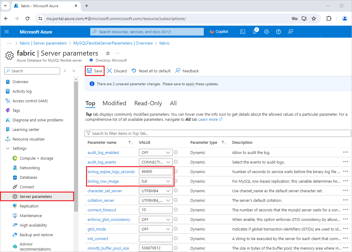 A screenshot of the binlog settings for replication under Server parameters.