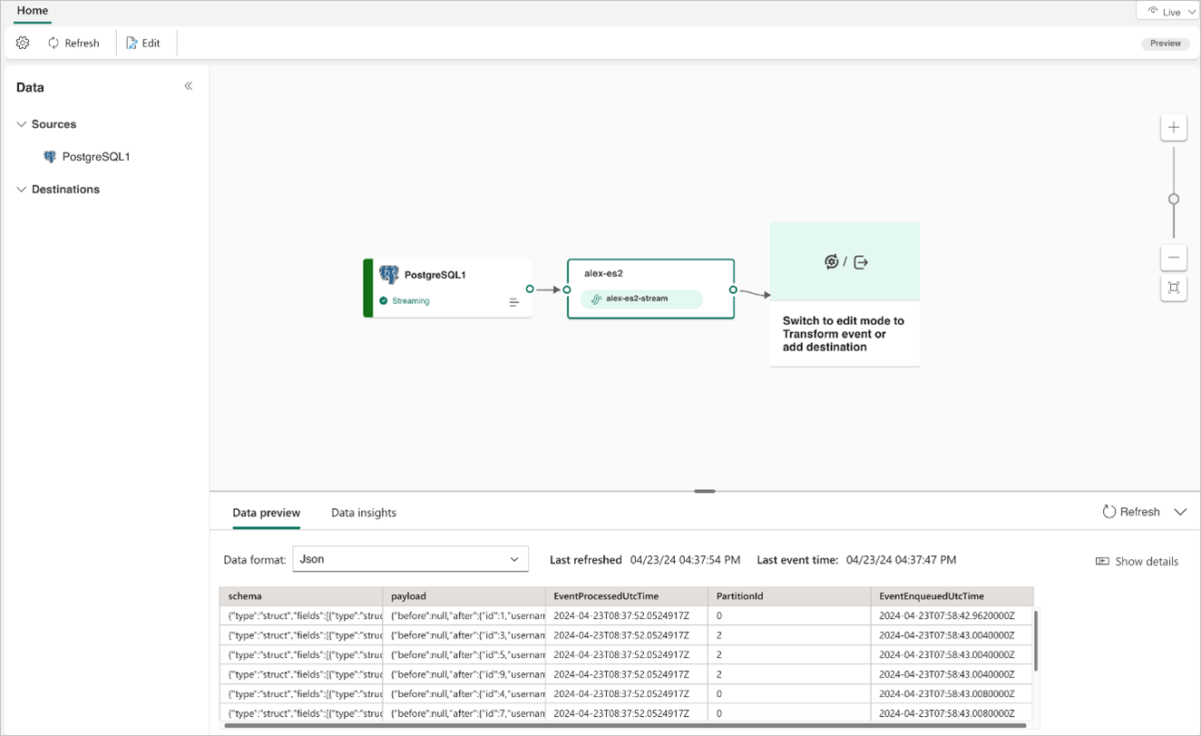 A screenshot of streaming PostgreSQL DB CDC source in Live view.