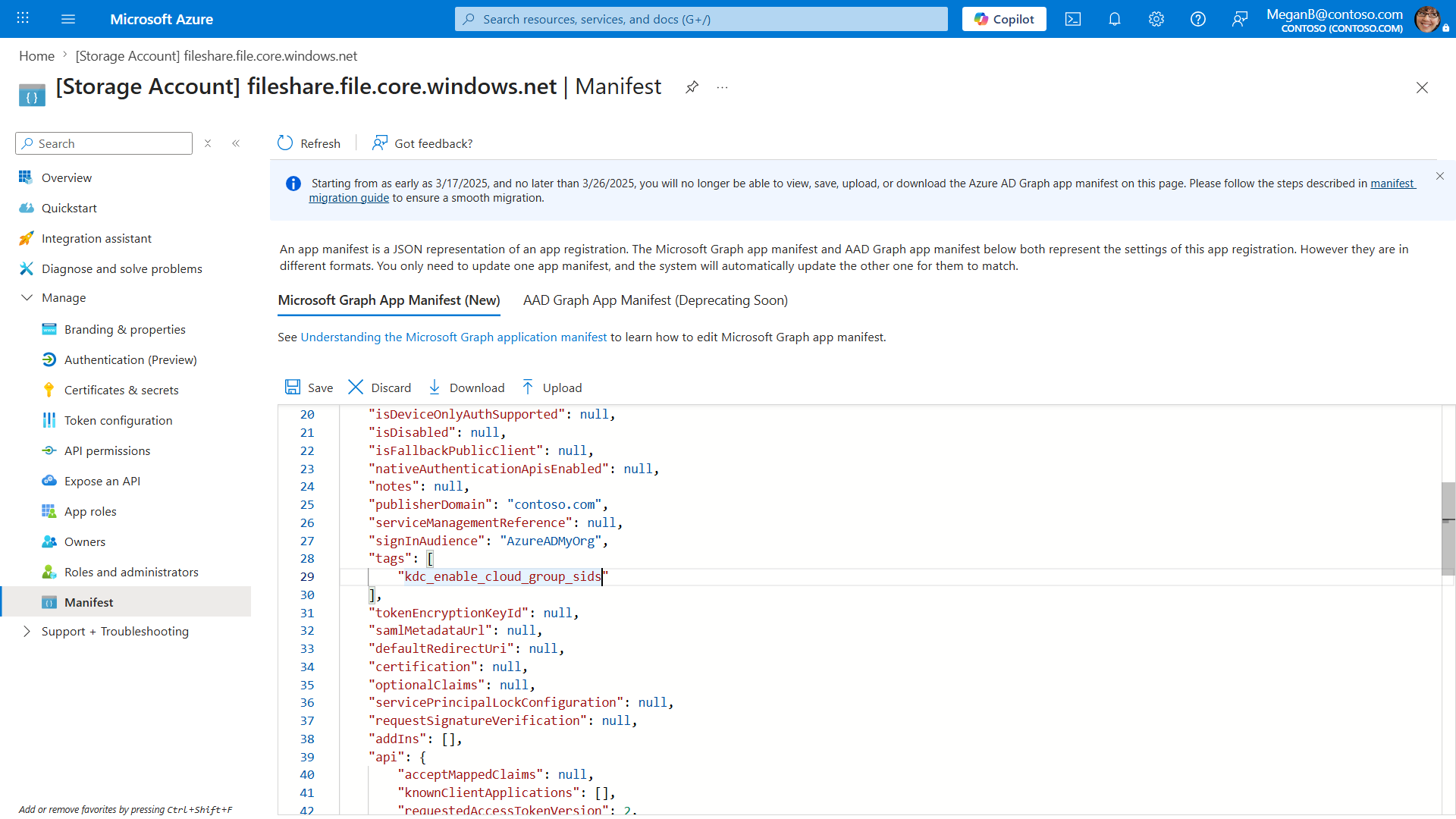 Screenshots that shows a manifest of an app registration, with the kdc_enable_cloud_group_sids tag added to the tags array.