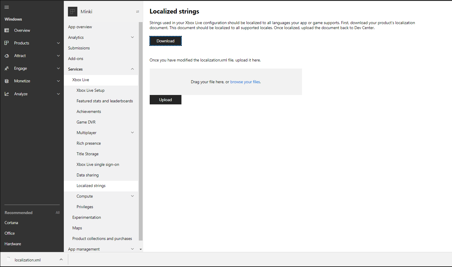 Screenshot of the Localized strings configuration page in Partner Center.