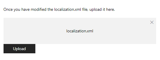 Screenshot of the Upload button and box to upload the localization.xml file in Partner Center.
