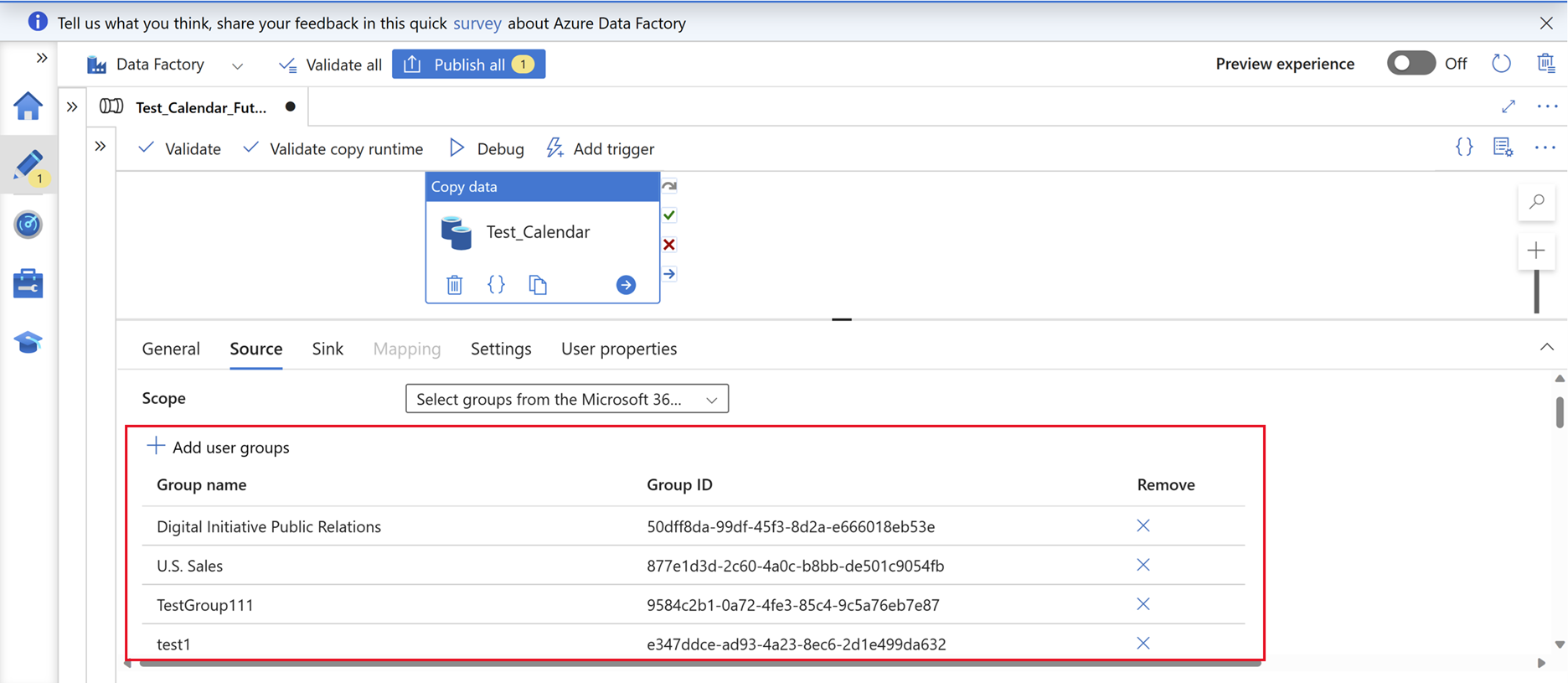 Screenshot of the ADF portal with the returned list of groups and group IDs highlighted
