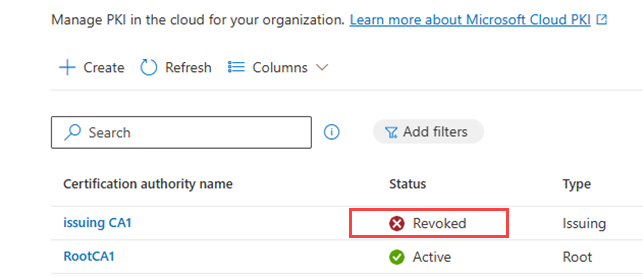 Cloud PKI CA list with Status column showing revoked state.