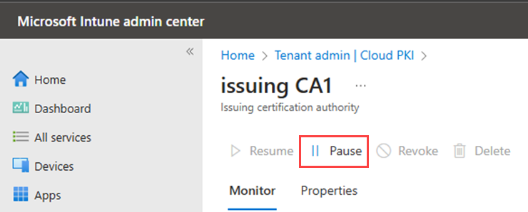 Cloud PKI CA properties page with Pause action highlighted.