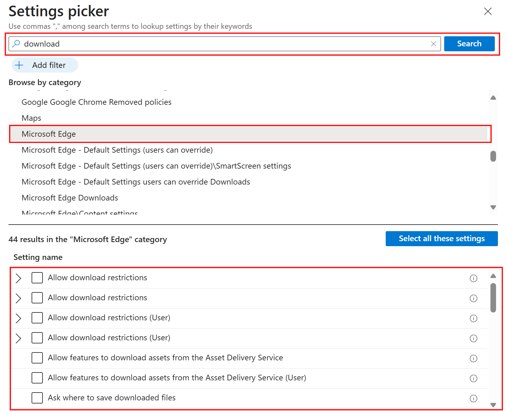 Screenshot that shows how to see the Microsoft Edge Smart Screen policy settings in the settings catalog in Microsoft Intune.