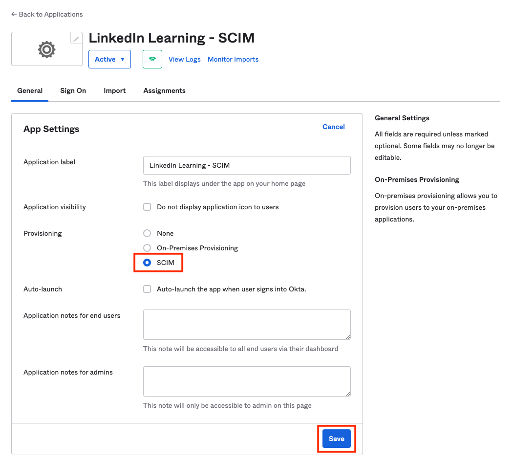 Okta app settings