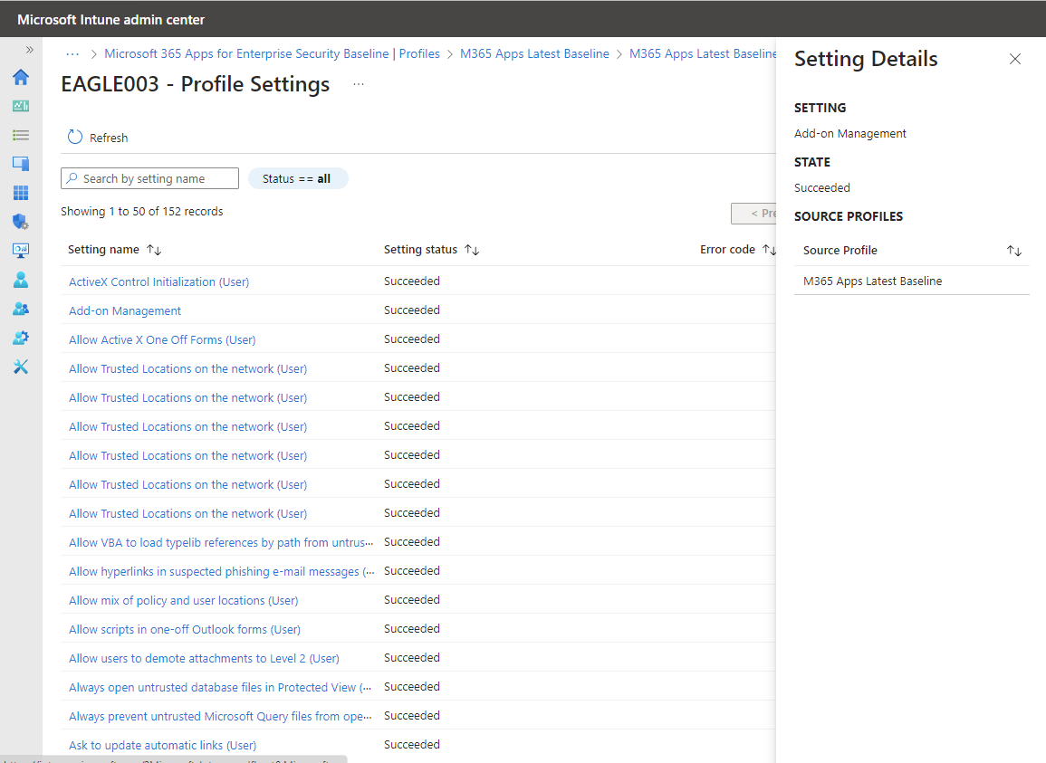 View a devices' reported status for each setting in the baseline.