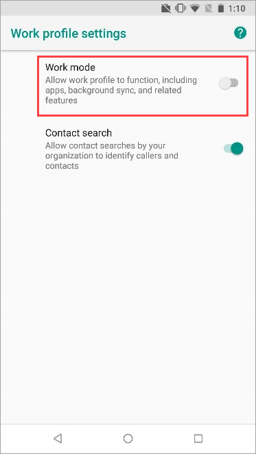 Screenshot of Work profile toggle switch turned on in Nexus 5X device settings.